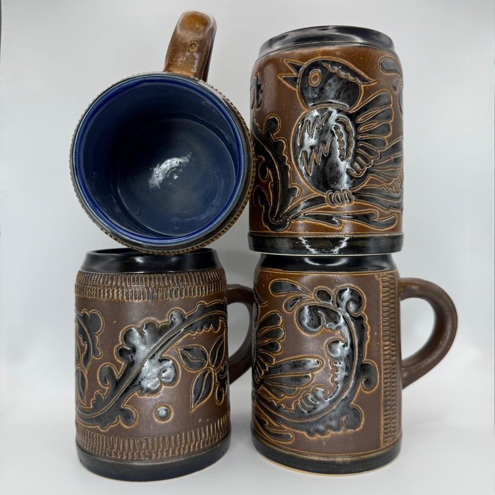 Set of 4 Vintage‎ German Pottery Beer Stein Mugs Bird Floral Em GS Chop signed
